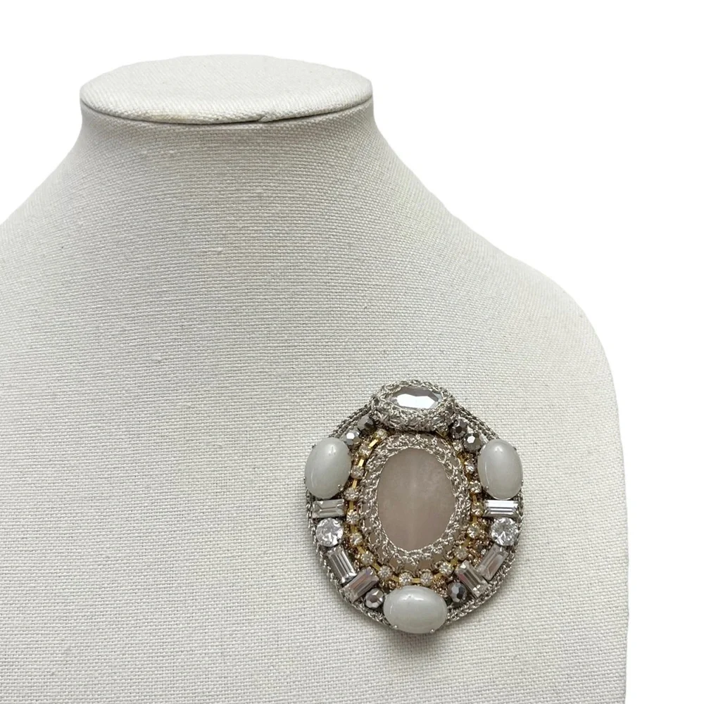 Ottaviani Bijoux Metallic Silver Crochet Cabochon Rhinestone Crystal Brooch